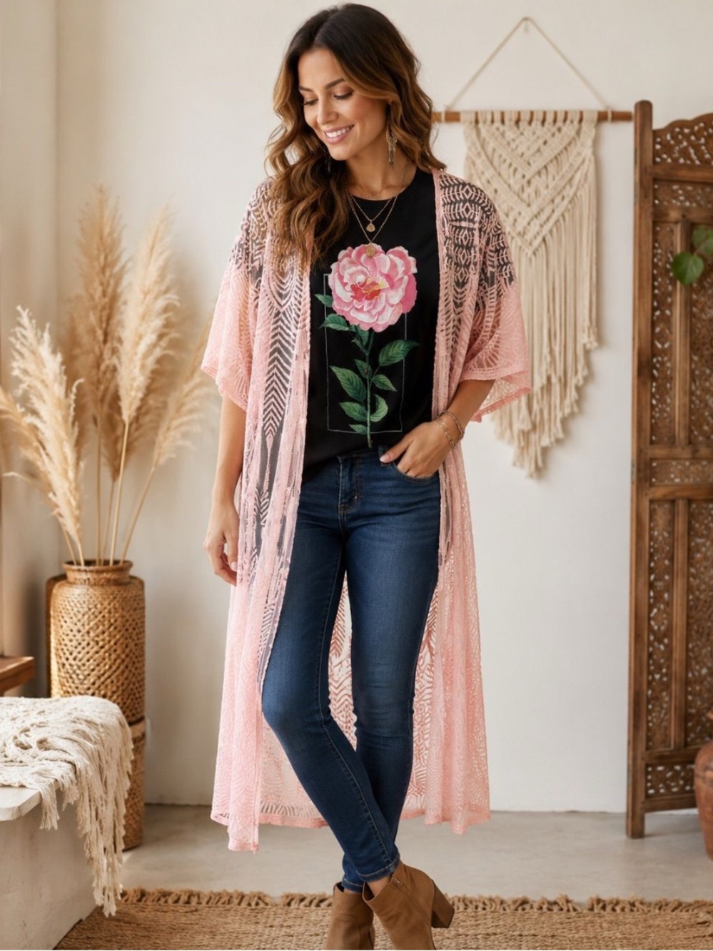 Maurices Peach Lace Duster Kimono